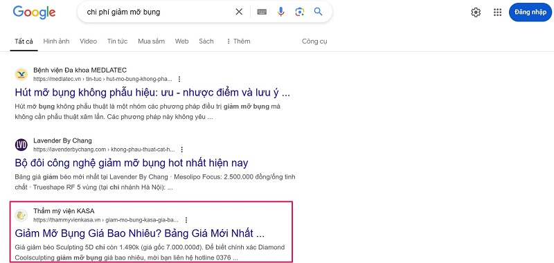 Từ khóa SEO thẩm mỹ viện KASA