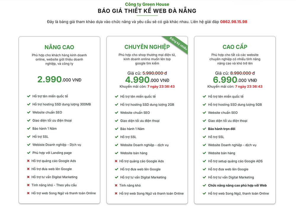 Bảng giá thiết kế website tại Greenhouse Bảng giá thiết kế website tại Greenhouse