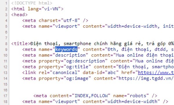 Sử dụng View Page Source để kiểm tra Meta keyword cho website