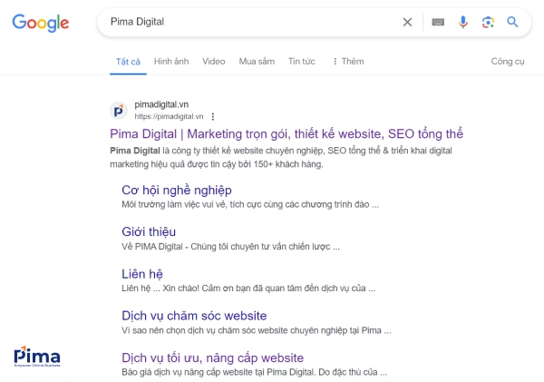 Kết quả khi search tên thương hiệu “Pima Digital”