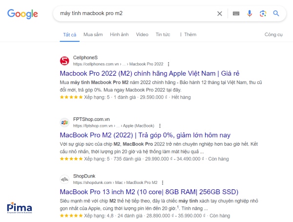 Kết quả trả về các trang thương mại điện tử khi search từ khóa “máy tính macbook m2 pro”