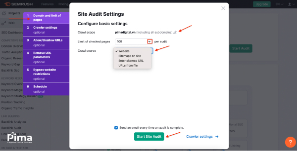 Bắt đầu cấu hình các thuộc tính trên tính năng Site Audit