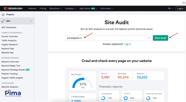 Thiết lập tên miền website trên giao diện công cụ Site Audit của Semrush