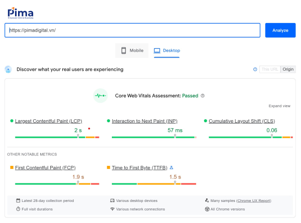 Các chỉ số đánh giá của Google Pagespeed Insights cho trang Pima Digital