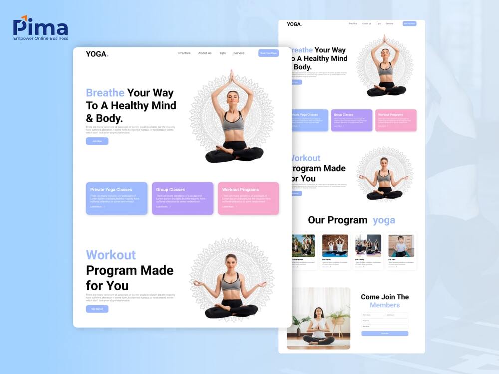 Mẫu thiết kế website yoga màu xanh tươi mát, an lành Một mẫu website phòng tập yoga khác đơn giản, tinh tế